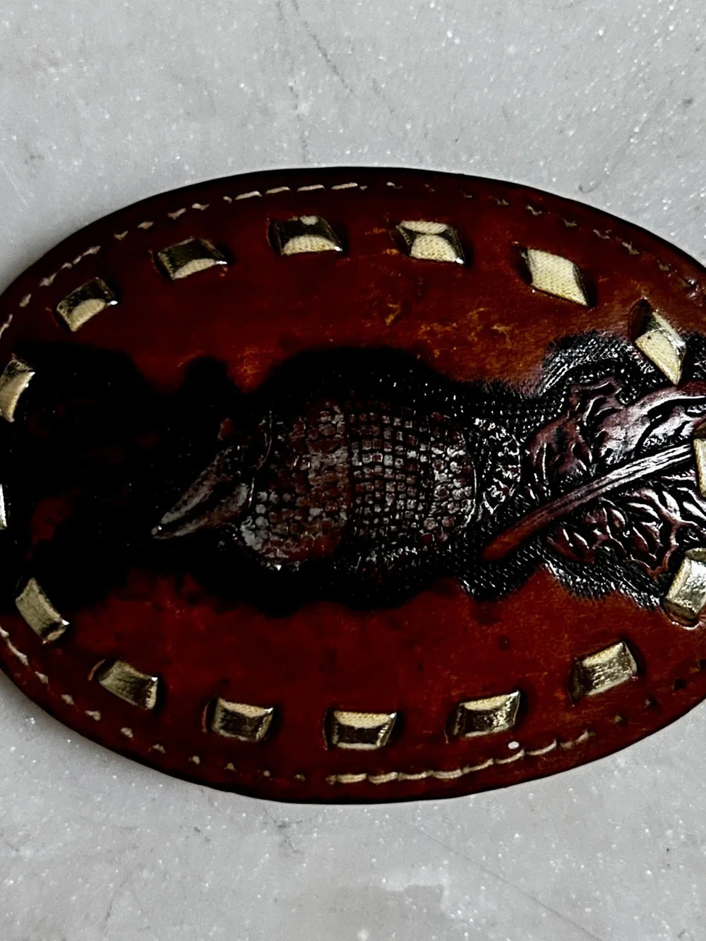 Tony Lama ~ Vintage ~ Brown ~ Armadillo Texas Western Leather Tooled Belt Buckle